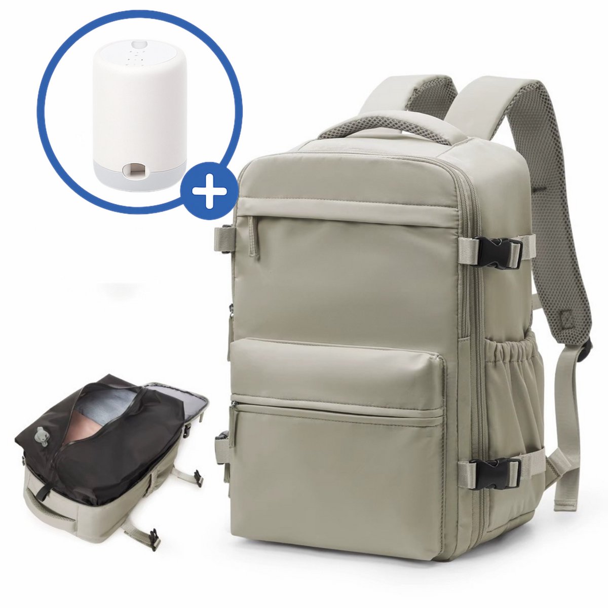 SyncGear Vacuüm Rugzak - Met Compressie Apparaat - Geschikt voor Handbagage 40x30x20 - Neem Circa 50% Meer Spullen Mee - Kleur: Taupe
