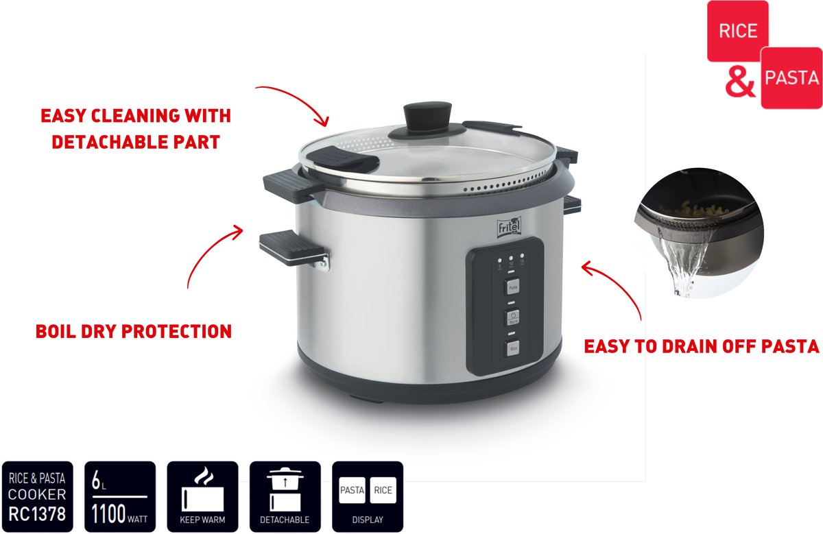 FRITEL Pasta - Rijstkoker RC 1378 - Elektrische waterkoker / Snelkoker - 6 liter - 1100W - 3 Functies - Uitneembare kuip - PFAS-vrij thumbnail 6