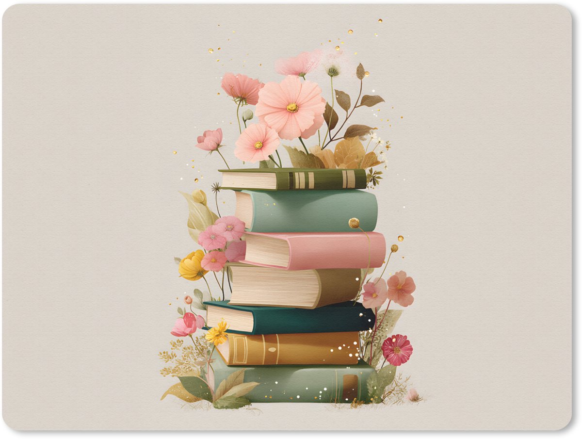 Muismat 23x19 cm - Mousepad Boeken - Stapel - Bloemen - Kleurrijk - Muismatten