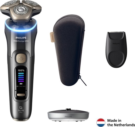 Philips Shaver i9000 Prestige Ultra scheerapparaat met oplader, precisietrimmer en reishoes. Gemaakt in Nederland.