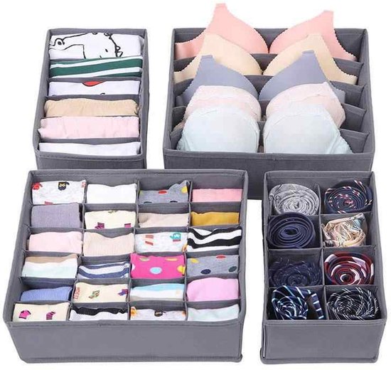 Lade Organizer - ladeverdeler - 4 stuks - kast organizer - Opbergbox - Opbergsysteem 45 vakken - Ondergoed / Sokken / Shirts / BH - Grijs