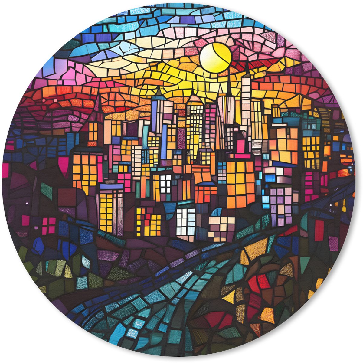 Muismat rond 30x30 cm - Mousepad Stad - Maan - Mozaïek - Kleurrijk - Ronde muismatten