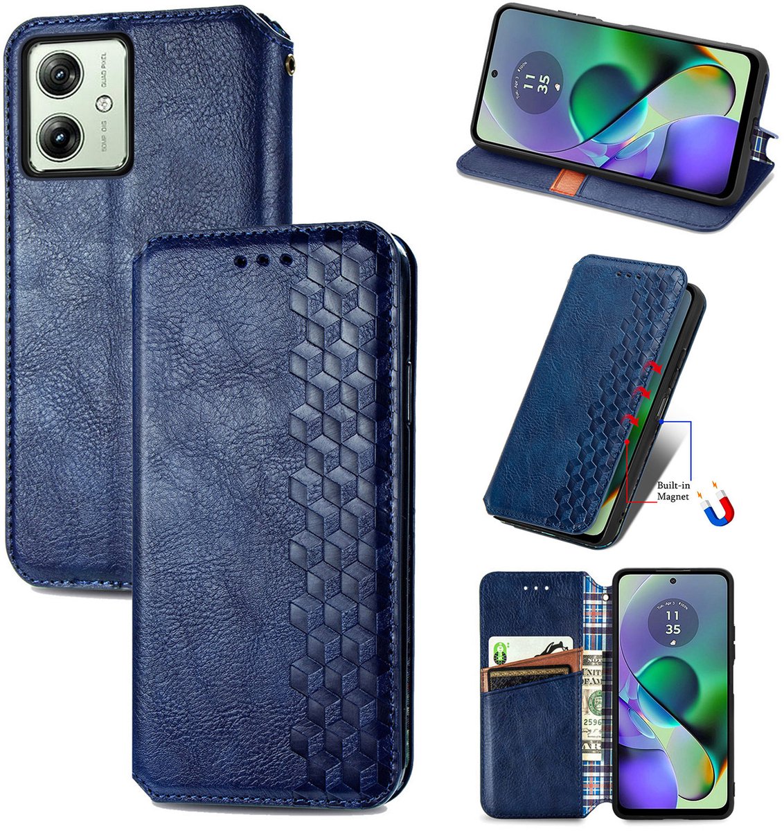 Luxe PU Lederen Ruitpatroon Wallet Case + PMMA Screenprotector voor Moto G54 5G _ Blauw