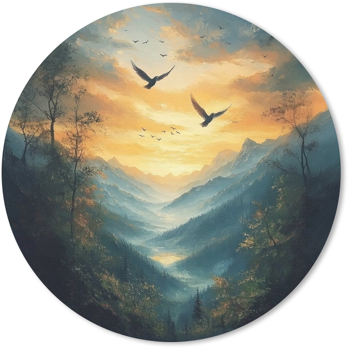 Muismat rond 20x20 cm - Mousepad Vogels - Zon - Bomen - Groen - Ronde muismatten
