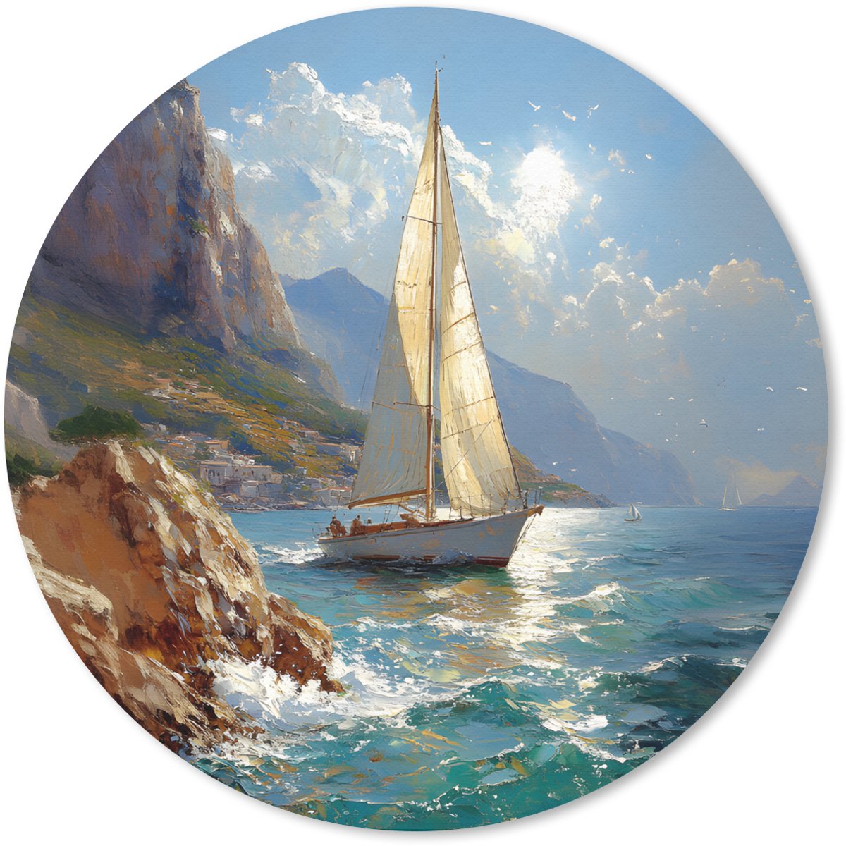 Muismat rond 50x50 cm - Mousepad Zeilschip - Zee - Rotsen - Wolken - Ronde muismatten