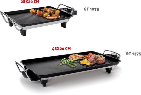Twee elektrische grills: boven GT 1075 met spiesen, onder GT 1375 met biefstuk, zalm, groenten en ananas. Beide hebben een grilloppervlak en metalen handvatten.