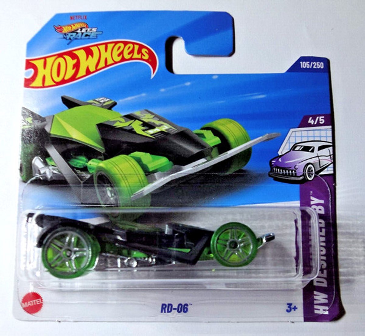 HOT WHEELS RD-06 BLACK GREEN 105/250 HW DESIGNED BY 4/5 SHORT CARD 1:64