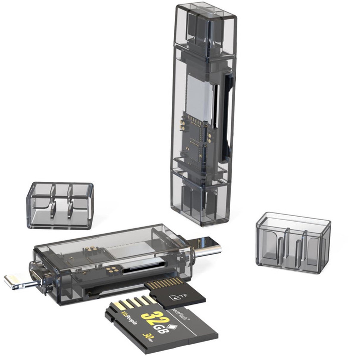 USB-C + 8-Pin naar SD + Micro-SD (TF) Kaartlezer - Geheugenkaart Adapter geschikt voor o.a. iPhone, iPad, Laptop en andere USB-C apparaten - transparant
