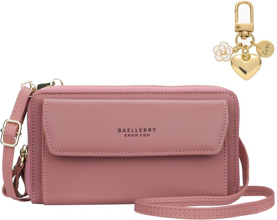 Sac de téléphone universel avec bandoulière pour mains libres – Sac portefeuille robuste avec beaucoup d'espace de rangement – ​​Sacs de téléphone pour femme – Convient pour iPhone, Samsung, Honor, Google Pixel, Lenovo et Xiaomi – Rose