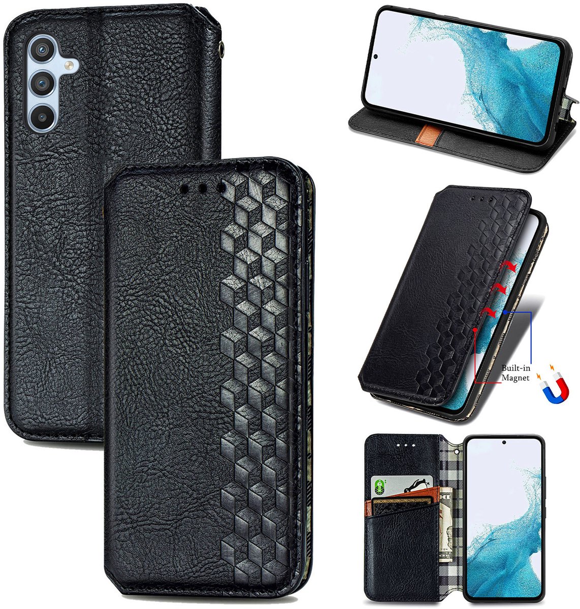 Luxe PU Lederen Ruitpatroon Wallet Case + PMMA Screenprotector voor Galaxy A56 _ Zwart