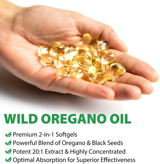 Hand met Wild Oregano Oil softgels. Premium 2-in-1 softgels, krachtige blend van oregano & zwarte zaden.