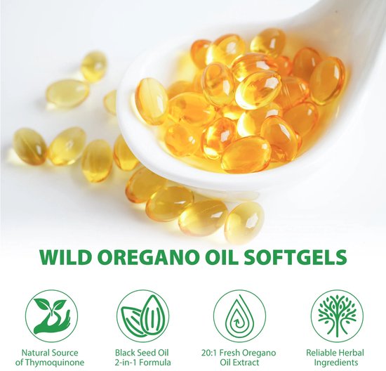 Lepel gevuld met Wild Oregano Oil softgels. Natuurlijke bron van thymoquinone, zwarte zaadolie 2-in-1 formule.