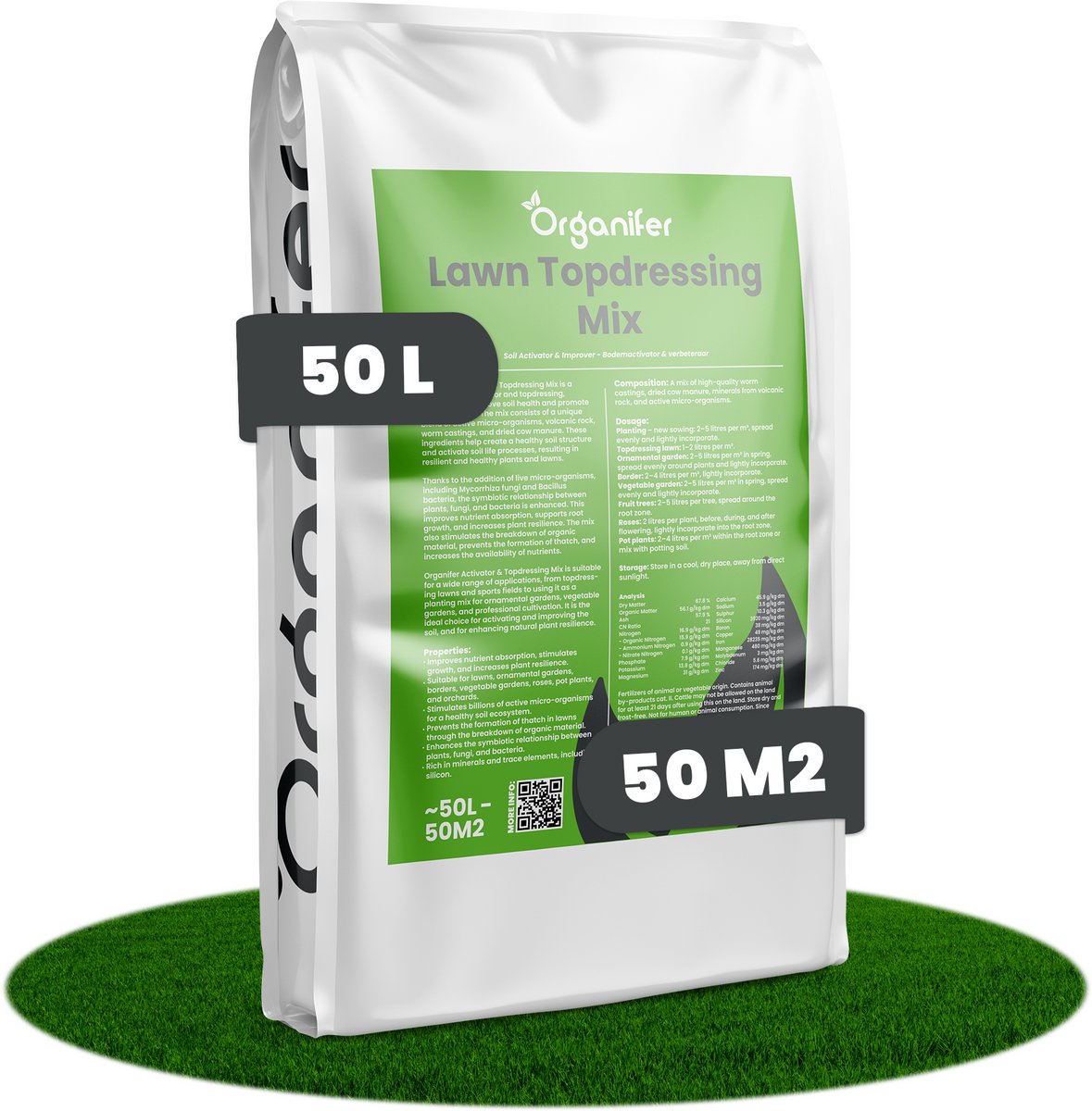 Gazon Topdressing – Mix met Mycorrhiza en Rhizobacteriën (50L, 50m2) - Gedroogde Koemest - Wormenmest - Lavameel - Bodemverbeteraar - Topdressing Gazon - Bodemactivator - Organifer