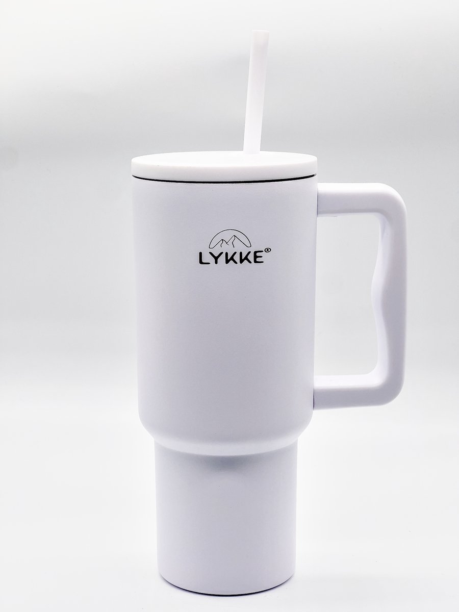 LYKKE® Tumbler voor Kinderen/Volwassenen Thermos Beker, RVS 3laags geïsoleerde reisbeker met Lekvrij deksel, rietje en handvat, BPA-vrij, 0,9 L, Heaven White