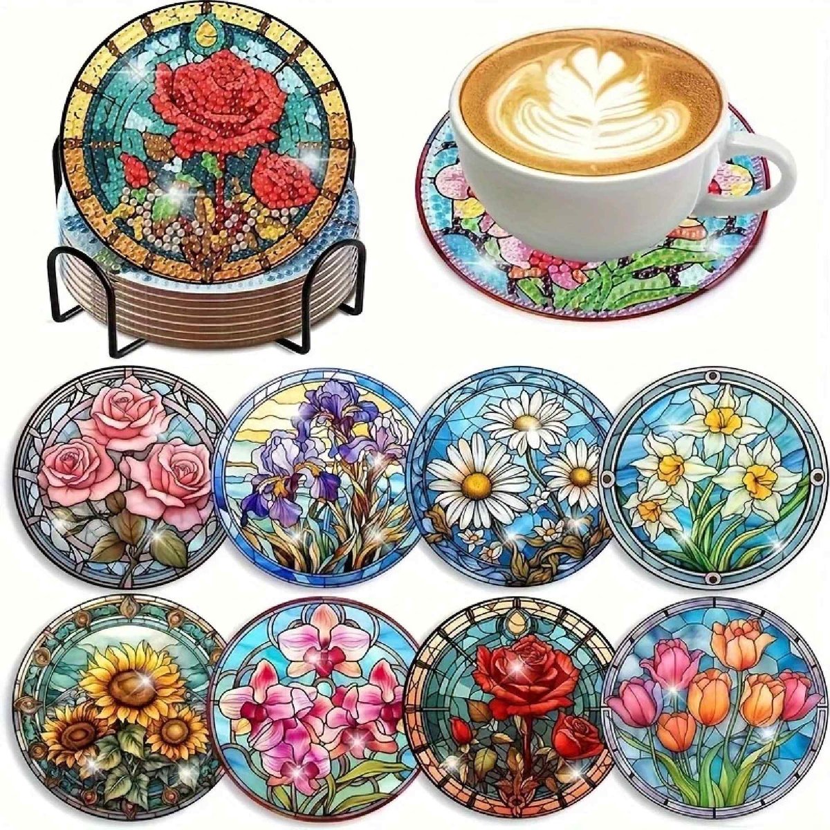 VDTOYS® DIAMOND PAINTING voor volwassenen - Bloemen 1 - Onderzetters - Coasters - Onderleggers - Ronde steentjes - 8 stuks - Compleet Hobbypakket - set Q - 1733 BLOEMEN 1