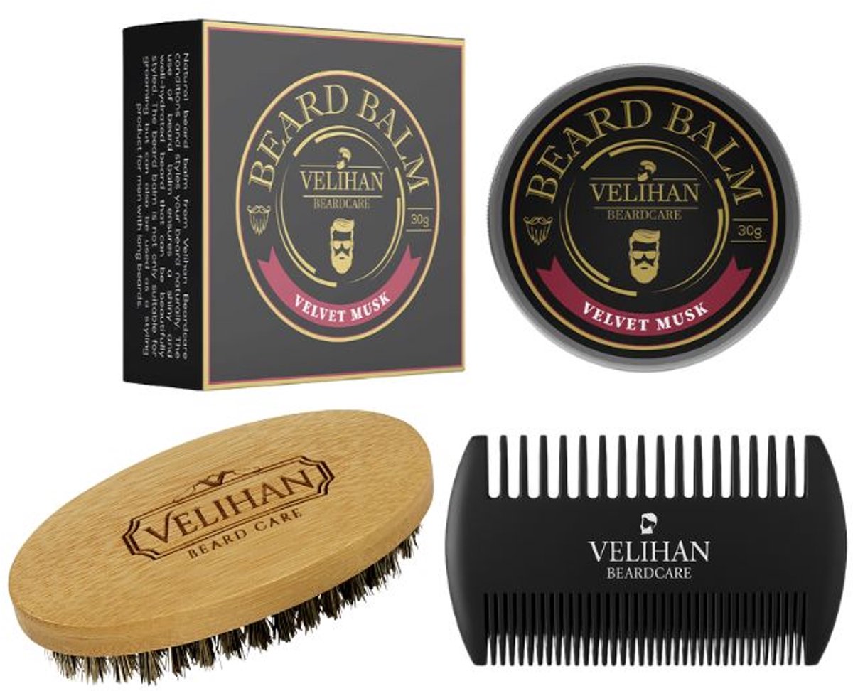 Velihan Beardcare - Baardverzorging Trio Pack - Baardbalsem Velvet Musk, Baardborstel en Baardkam - Baardverzorging set - Cadeau voor hem - Baardverzorging - Baard olie - Cadeau voor vriend - Baardgroei - Perfecte cadeau voor man