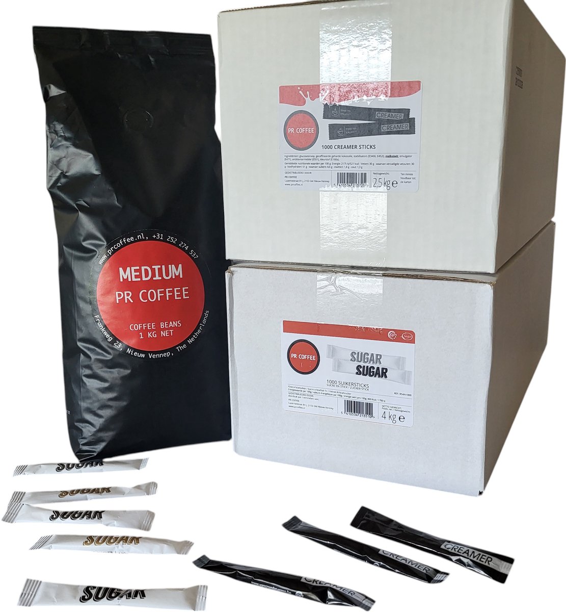PR Coffee 1 Kg Medium koffiebonen | 1000 suikersticks | 1000 Creamersticks | voordeelset | combi deal