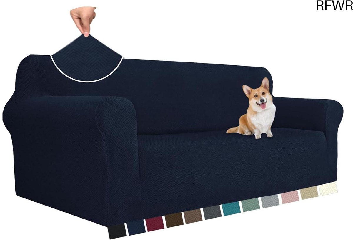 RFWR® Elastische 3-zits Bankhoes voor Woonkamer - Universele Rekbare Sofahoes met Anti-slip en Krasbestendig Materiaal, Donkerblauw