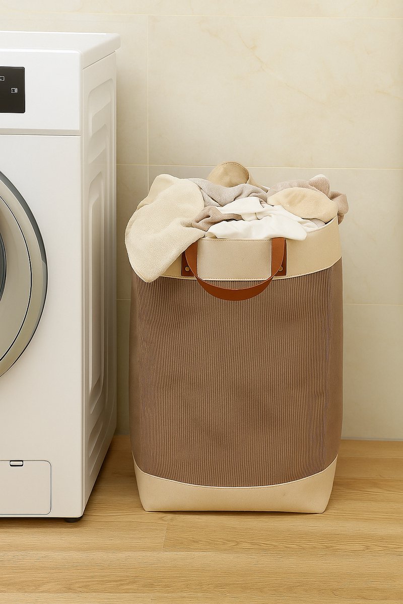 NOVARTA, Opvouwbare wasmand van jute stof met lederen handvat, opbergmand, Laundry basket - Wasbox
