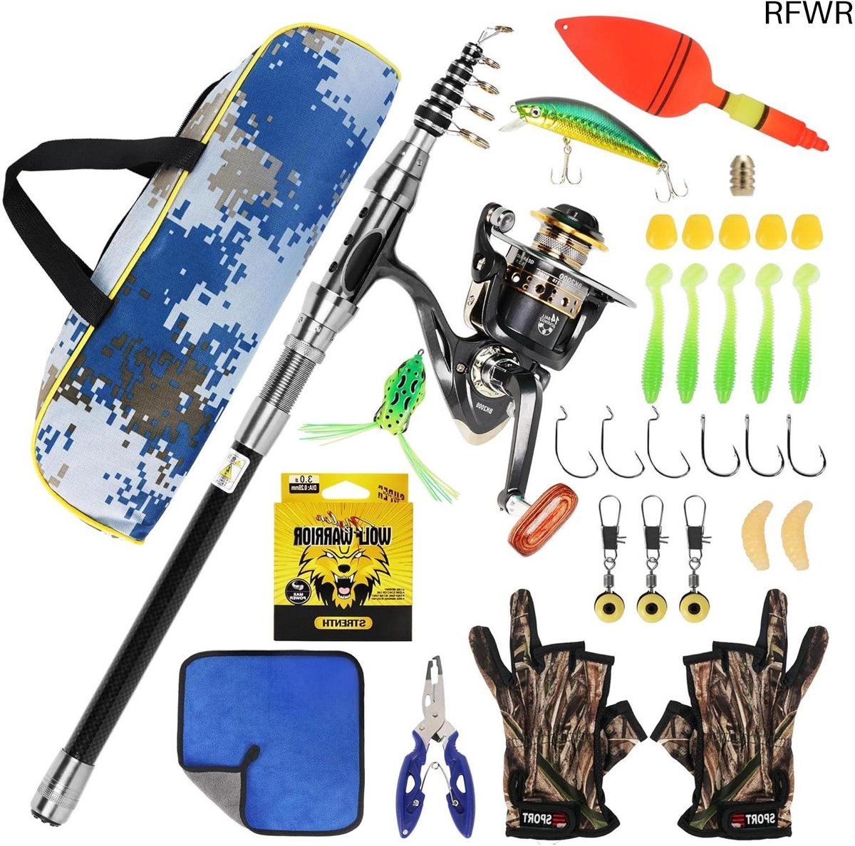 RFWR® Telescopische Hengel en Haspel Combo Set - 2,1 m Hengel Kit met Vislijn en Accessoires voor Zoet- en Zoutwater
