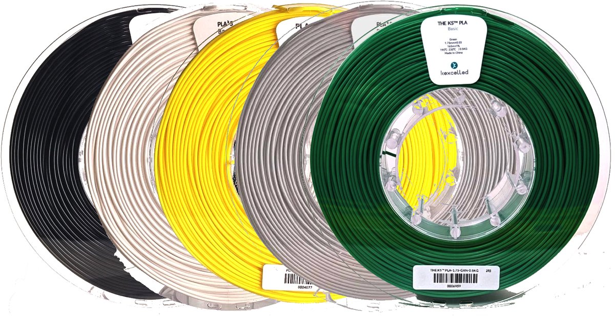 Kexcelled PLA Combideal - 3D Printer Filament - 5 x 500g (Zwart, Wit, Geel, Grijs, Groen) - 1.75mm