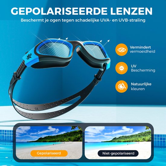 Kyrox zwembril met blauwe en zwarte accenten, gepolariseerde lenzen voor UV-bescherming en natuurlijke kleuren.