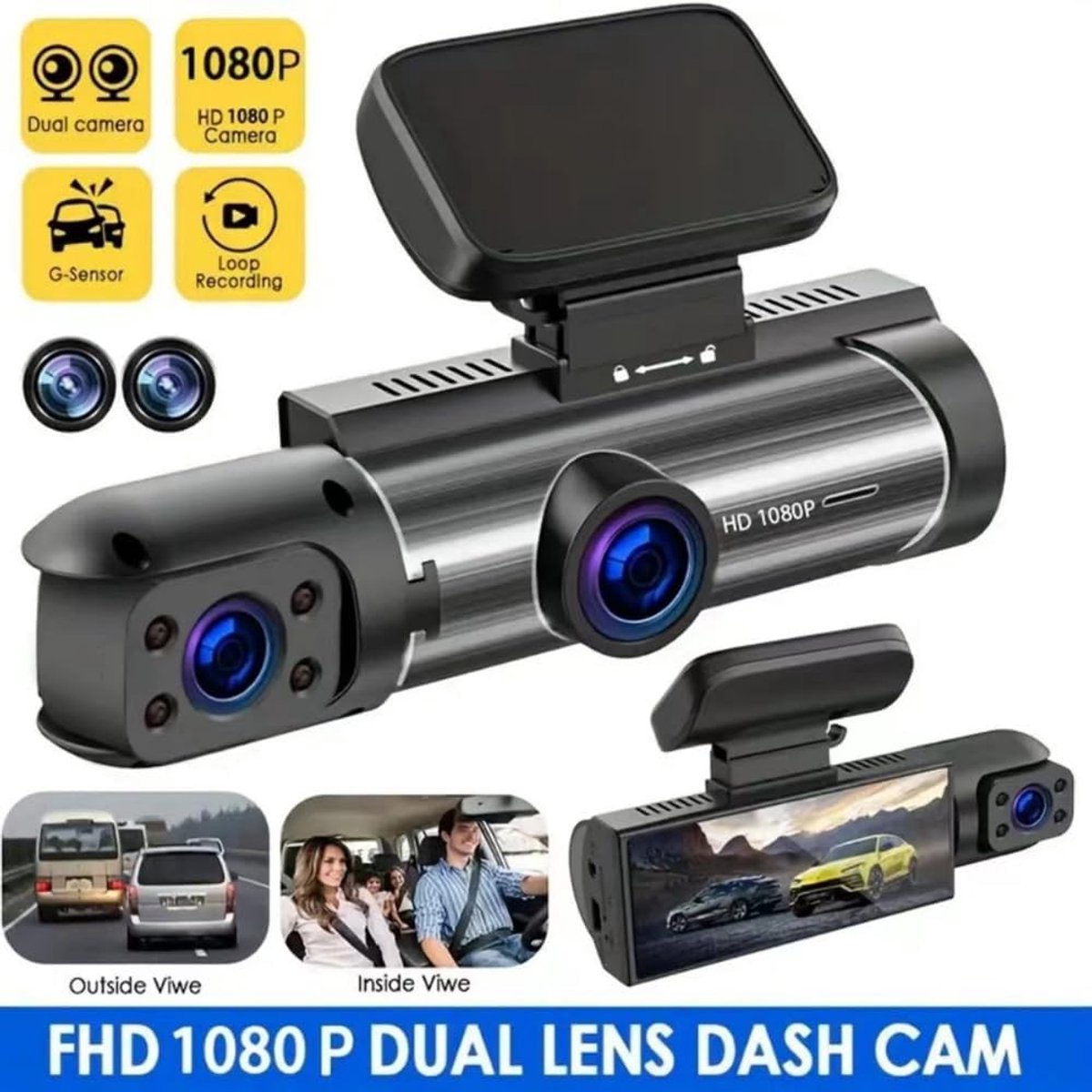 Dashcam voor en binnen dubbele camera, 1080P DVR Dashcam-rijrecorder met 3,16 inch IPS-scherm, 170° groothoekondersteuning, helder nachtzicht, botsingsvergrendeling en lusopname – foto 2