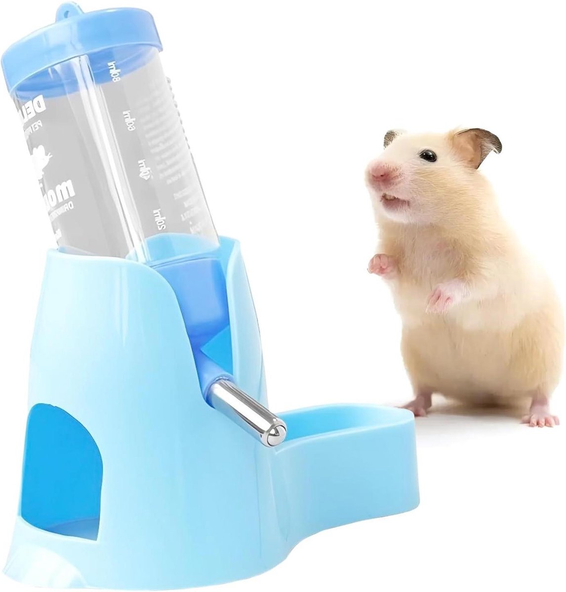 Allecto Plus – Hamster Drinkfles met standaard, 80 ml – Automatische drinkfles voor cavia’s en konijnen – Hamsterdrinkfontein met waterdispenser – Blauw M