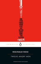 Boekomslag van 'Twelve Angry Men' door Reginald Rose, met de titel in witte letters tegen een rode achtergrond, boven een mes en het Penguin Classics logo.