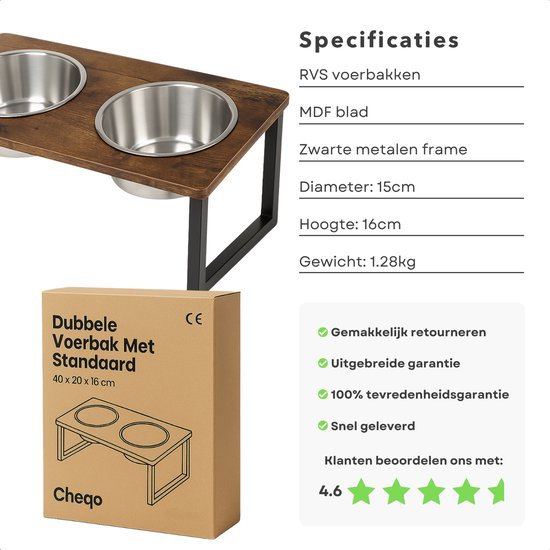 Verpakking van een dubbele hondenvoerbak, met specificaties zoals 'RVS voerbakken', 'MDF blad', 'Zwarte metalen frame' en 'Diameter: 15cm'.
