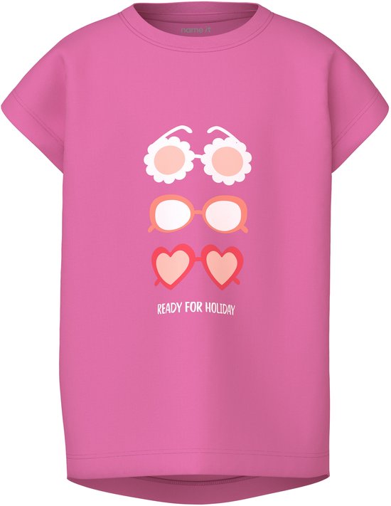 Lichtroze T-shirt met print van drie zonnebrillen en de tekst 'READY FOR HOLIDAY'.