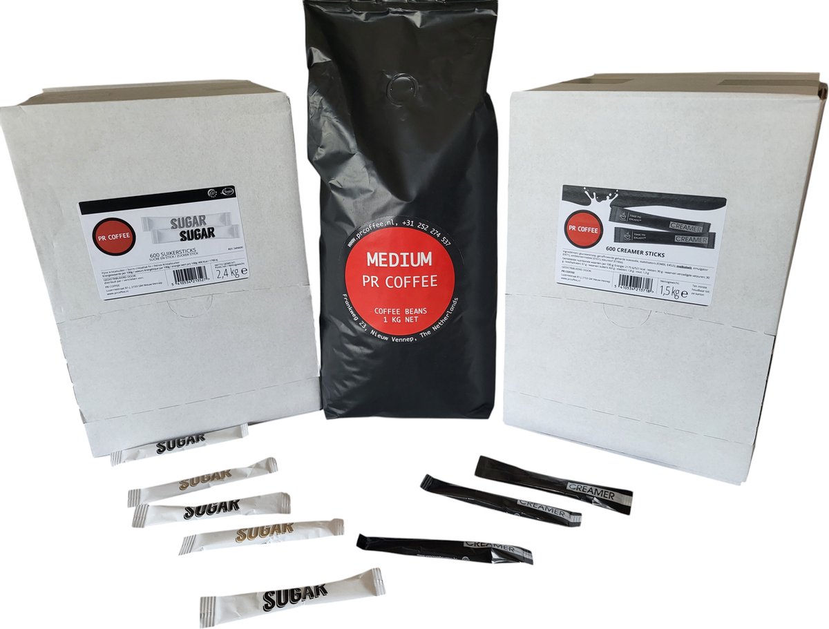 Goedkoopste PR Coffee Medium 1 kg koffiebonen suikersticks 600 st dispenser creamersticks 600 st dispenser | voordeelset | combi deal