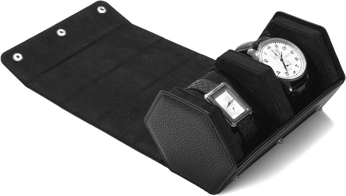 Allecto Plus - Zeshoekige PU-leer horlogedoos met 2 sleuven voor rolhorloges - Opbergbox voor jubileum en verjaardag - Zwart