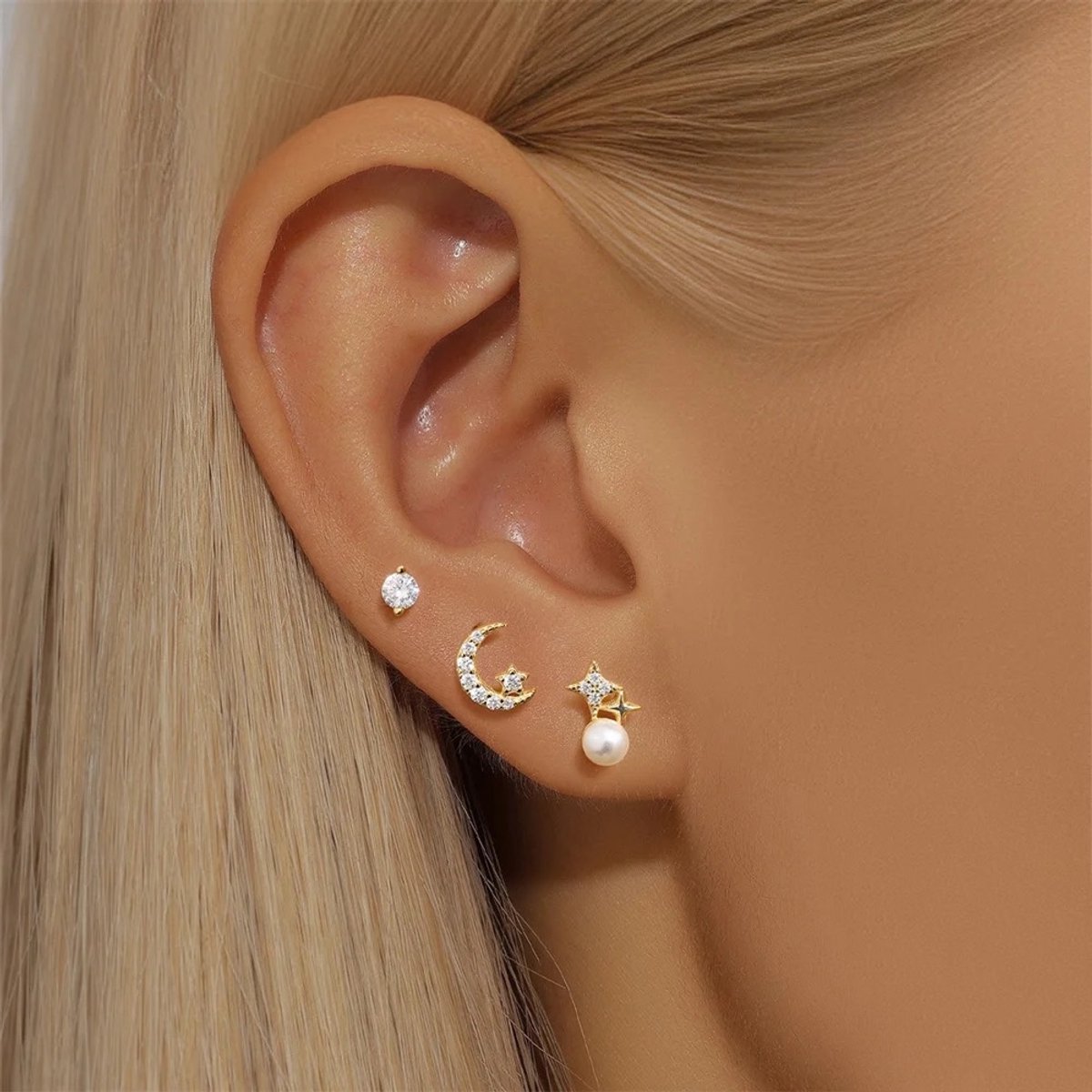 Twinkle Sterren Trio Oorbellen Set met Parels en Zirkonia Stenen- 925 Sterling Zilver - 18K Verguld Dames Oorbellen - Dames Sieraden