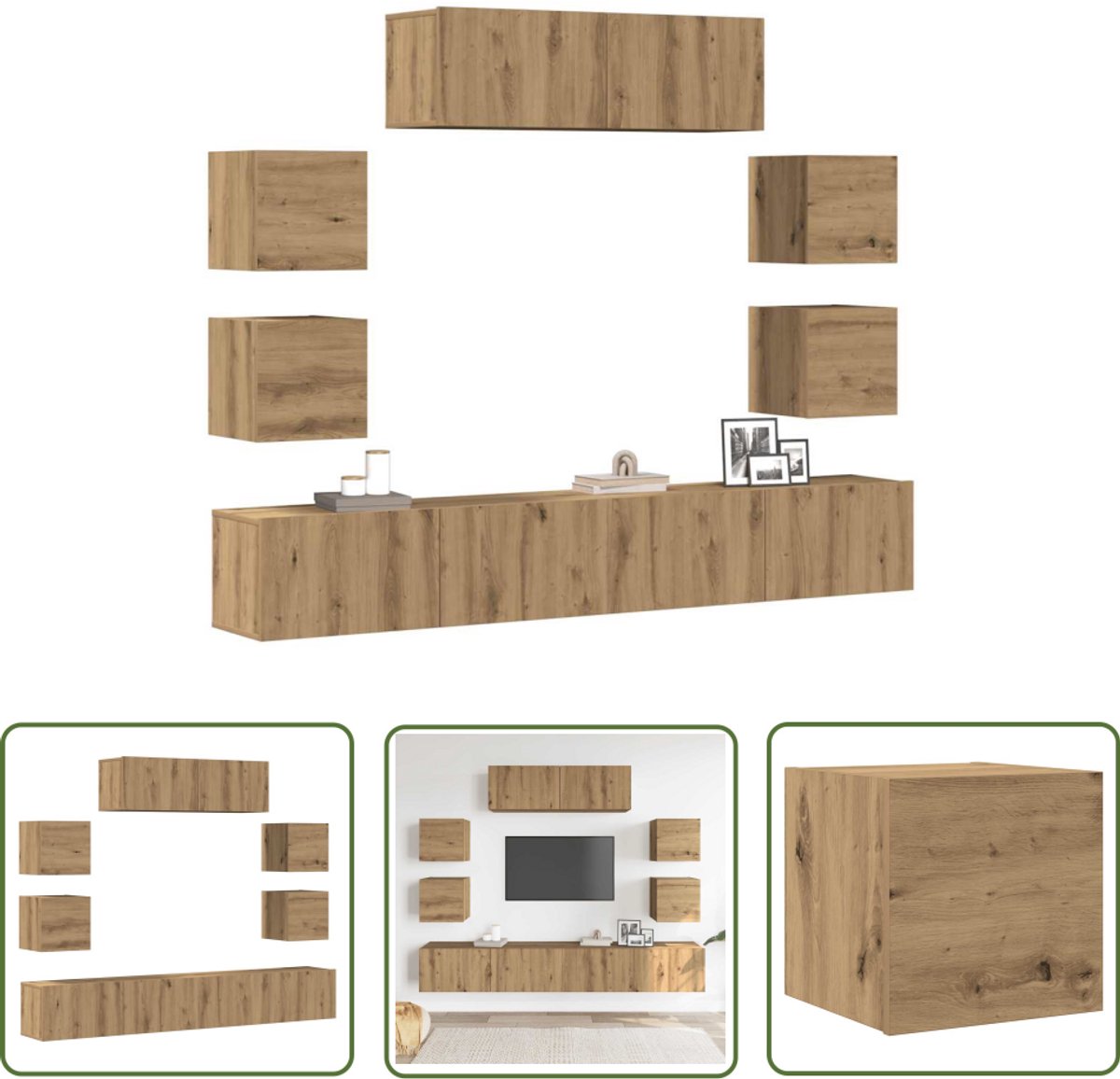 vidaXL Salontafel - Tv Meubel - 7-delig Tv-meubelset wandmontage bewerkt hout artisanaal eiken - Houten Kast - Opbergruimte - Wandmontage