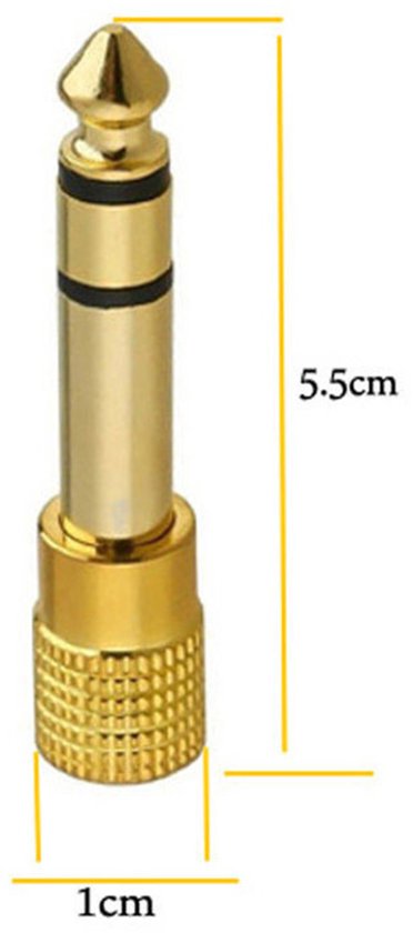 Gouden 6.5mm naar 3.5mm audiostekkeradapter met afmetingen 5.5cm en 1cm.