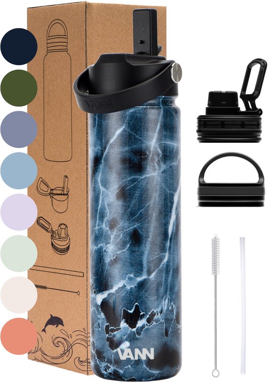 VANN® 3-Wandige RVS Drinkfles 650 ML met rietje voor volwassenen – Met 5 accessoires – Thermosfles – 24 uur koud/12 uur warm –Ocean Marble– VANN Ultimate Bottle®