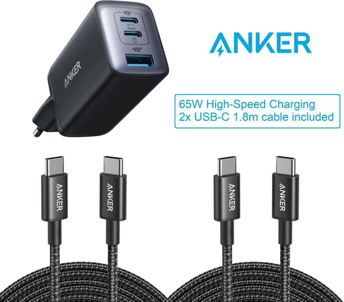 Anker 735 (GaN II 65W) USB-C-oplader - geschikt voor smartphone en tablet + 2 pack USB-C to USB-C Cable 1.8m, USB 2.0 Type C Charging Cable Fast Charge - bundelvoordeel