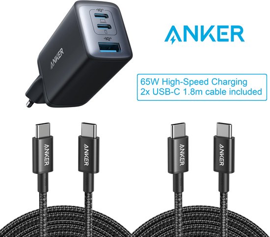 Anker 735 (GaN II 65W) USB-C-oplader (iPhone 17, Galaxy S25, etc) + 2 pack USB-C to USB-C Cable 1.8m 100W, USB 2.0 Type C Charging Cable Fast Charge - bundelvoordeel