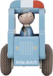 Blauwe houten politieauto met poppetje, rode en witte zwaailamp, Little Dutch logo.