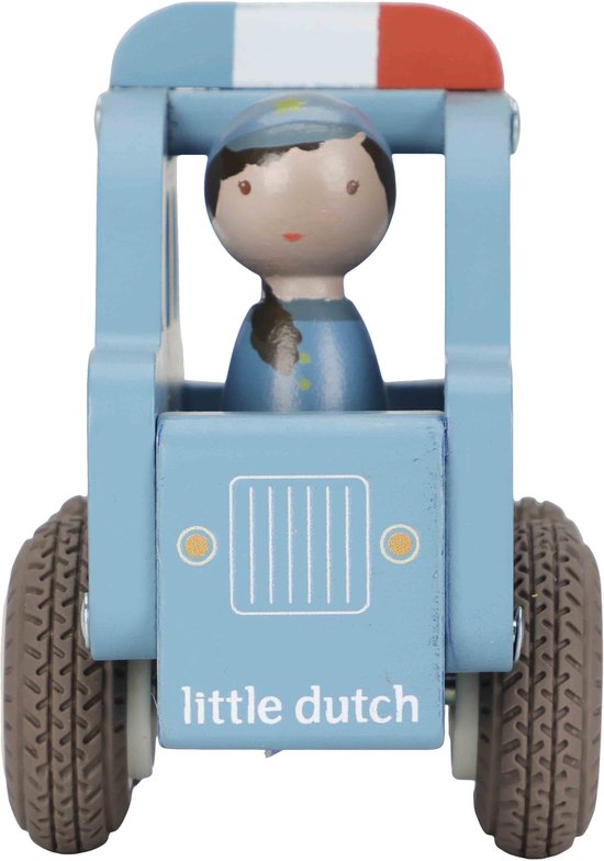 Blauwe houten politieauto met poppetje, rode en witte zwaailamp, Little Dutch logo.