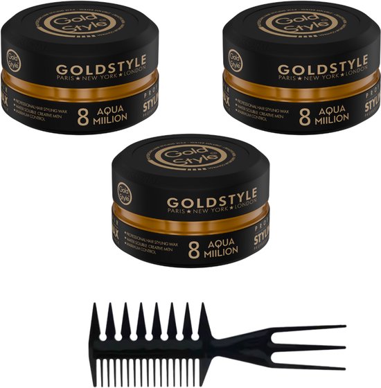 Gold Style Haar Wax Nummer 8 – Aqua Miilion – 3 x 150ML (450ML totaal) + Styling Kam - Styling Haar Wax - Haar Wax Mannen