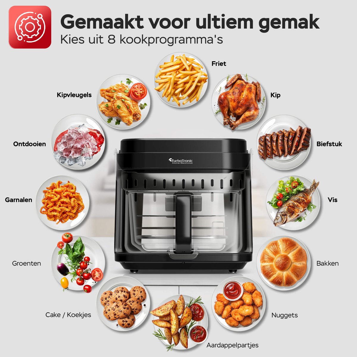 Turbotronic AFG5 Airfryer XXL met glazen bak- BPA & PFAS Vrij - 5.5L - Heteluchtfriteuse - Dual Heating - 40ºC tot 200ºC - 8 Kookprogramma's - Zwart — afbeelding 7