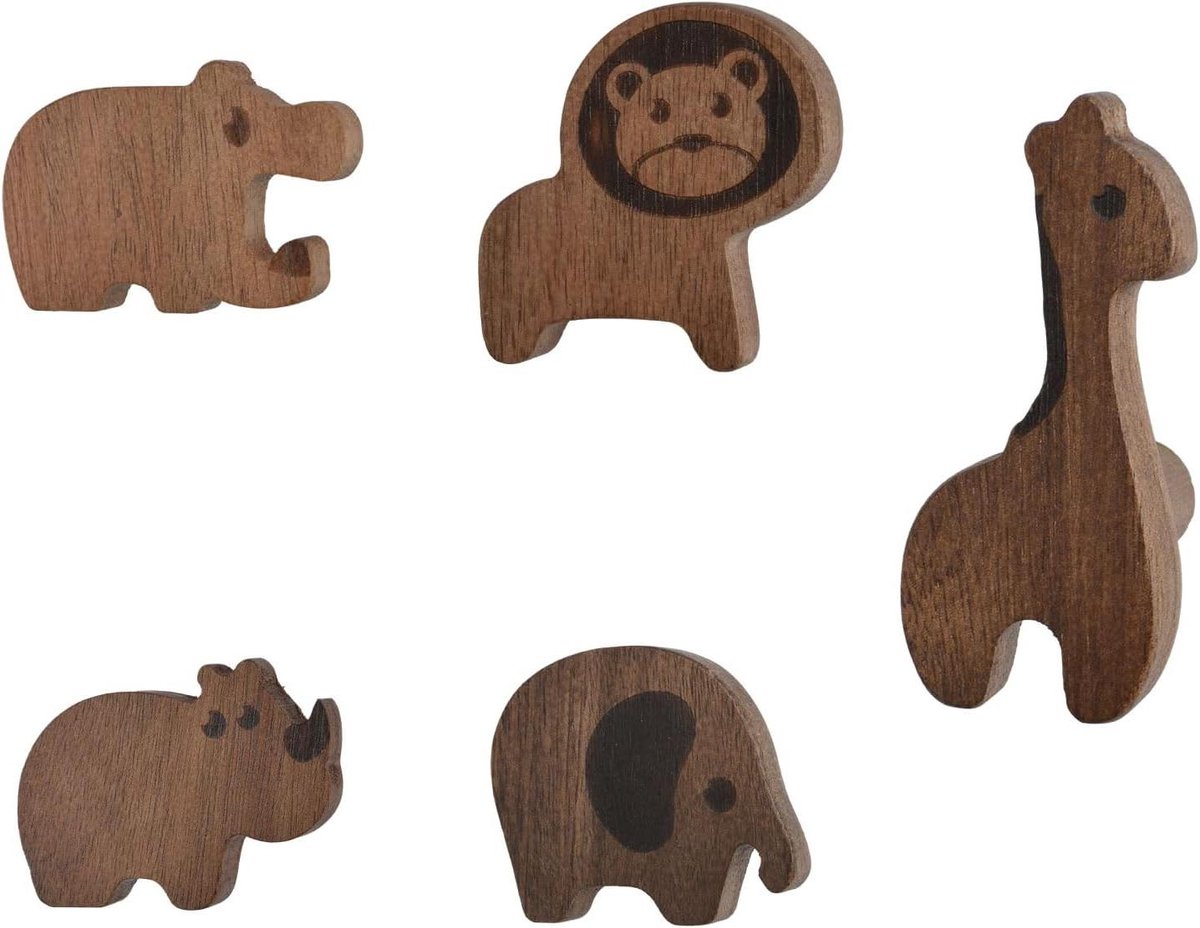 Image of 5-delige set handgrepen wilde dieren hout - leeuw olifant giraffe nijlpaard neushoorn - kinderkamer decoratie kastknoppen - Hoge kwaliteit en uniek design