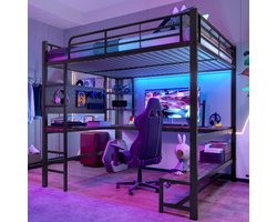Hoogslaper, 140 x 200cm, ijzeren frame, bureau, leuning, trapje, verschillende planken, met usb+type-c stopcontact, met ledstrip, met geperforeerde plank, zonder matras, zwart