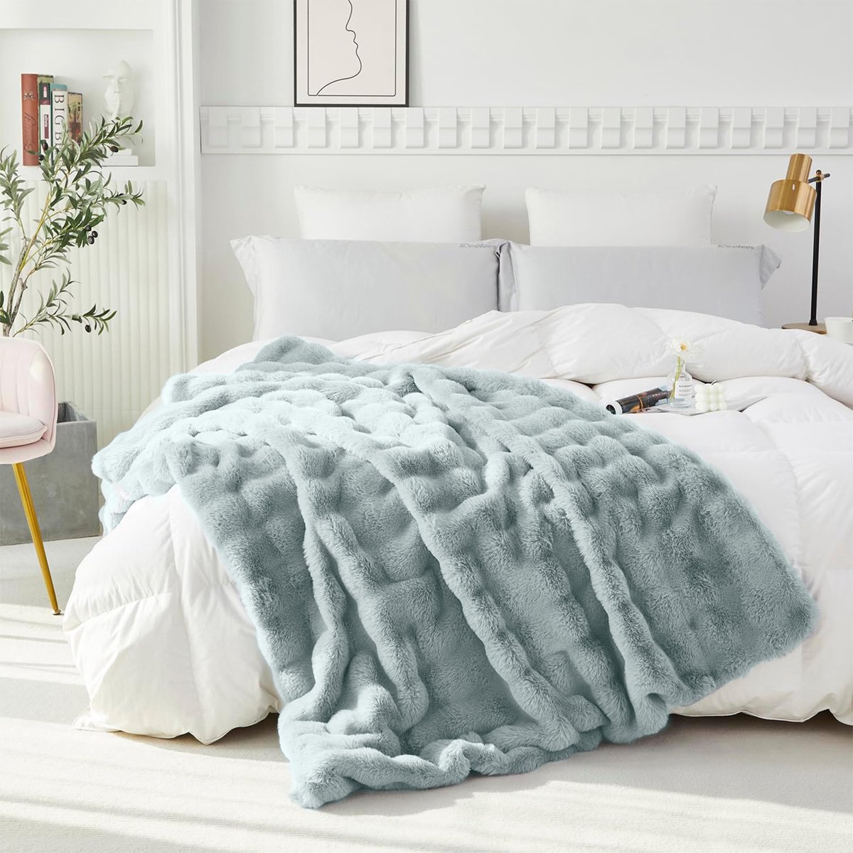 Qelus Extreem Zachte Shaggy Deken - 130x160cm - Luxe Konijnenbontlook met Golfdesign - voor Bank, Bed & Reis - Snel Pluizig - Knus Warmtegevoel - Lichtgrijs