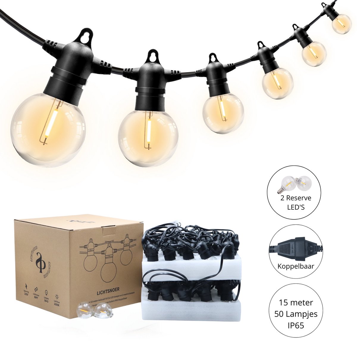 SEPH® Lichtsnoer Buiten met 50 Lampjes E12 - 15 meter Buitenverlichting – Lichtslinger IP65 - Koppelbare Feestverlichting – Waterdicht – Prikkabel