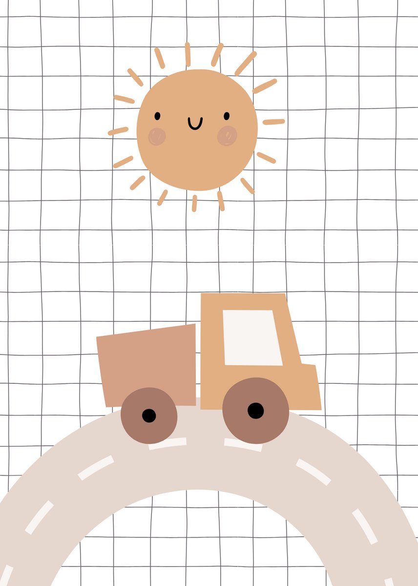 Kinderkamer Poster A4 – Vrachtwagen Illustratie – Zachte bruintinten – Zwarte grid achtergrond – 300 grams glanspapier