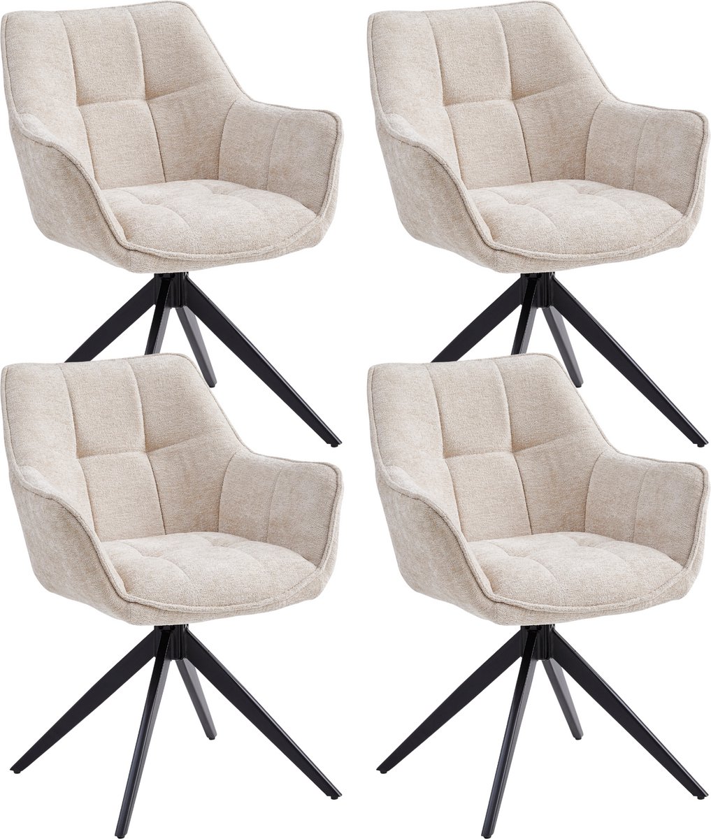 Colenis® - Boston Eetkamerstoel - Set van 4 - Beige - Chenille Stof - Gestoffeerde zitting - Metalen poten - 180° - Draaistoel