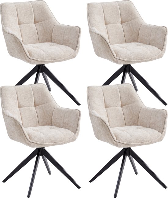 Colenis® - Boston Eetkamerstoel - Set van 4 - Beige - Chenille Stof - Gestoffeerde zitting - Metalen poten - 180° - Draaistoel